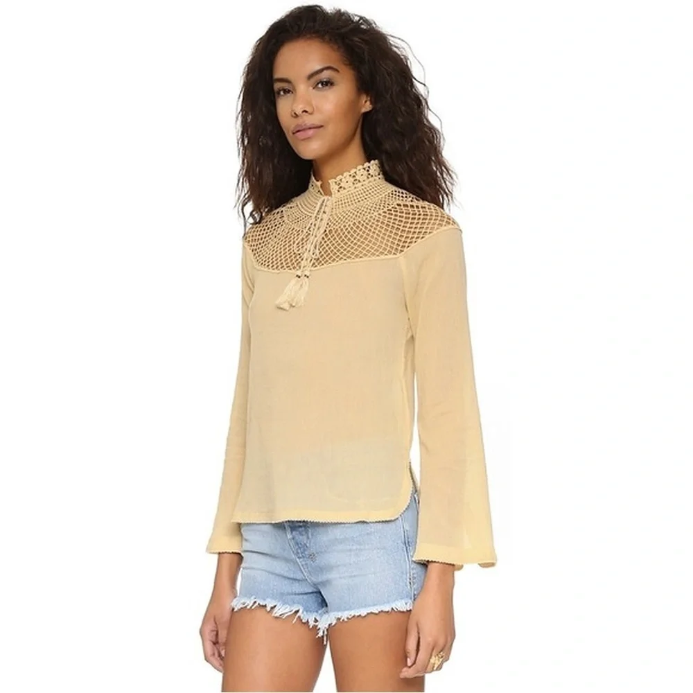 Free People On The Island Crochet Neckline Yoke Blouse Size Small